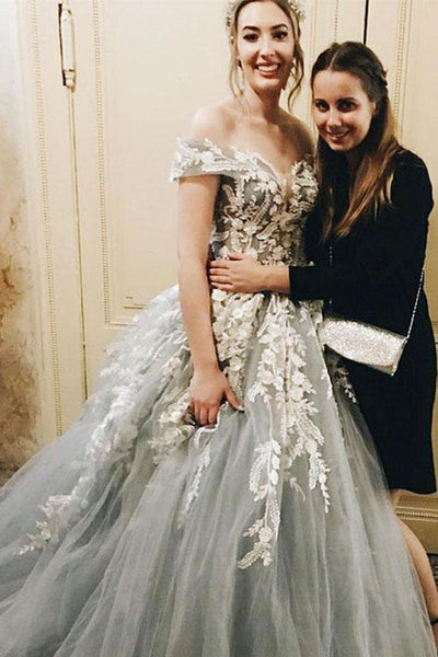 Off Shoulder Gray Lace Long Prom Dresses, Off the Shoulder Gray Formal Dresses, Gray Lace Evening Dresses EP1616