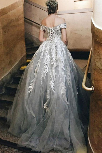 Off Shoulder Gray Lace Long Prom Dresses, Off the Shoulder Gray Formal Dresses, Gray Lace Evening Dresses EP1616