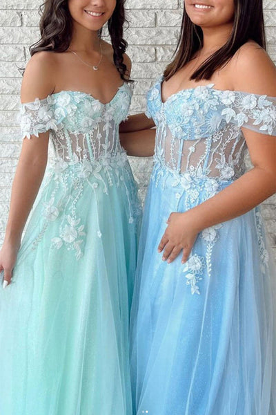 Off Shoulder Green/Blue Tulle Long Prom Dresses with Lace Appliques, Green/Blue Formal Graduation Evening Dresses EP1706
