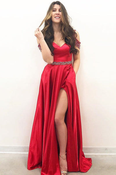 Off Shoulder Green/Red Satin Long Prom Dresses with Beadings, Off the Shoulder Green/Red Formal Graduation Evening Dresses EP1769