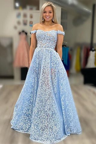 Off Shoulder Light Blue Lace Long Prom Dresses, Off Shoulder Blue Formal Dresses, Light Blue Lace Evening Dresses EP1670