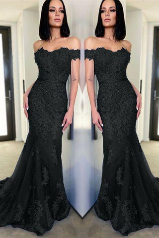 Off Shoulder Mermaid Black Lace Long Prom Dresses, Mermaid Black Formal Dresses, Black Lace Evening Dresses EP1602