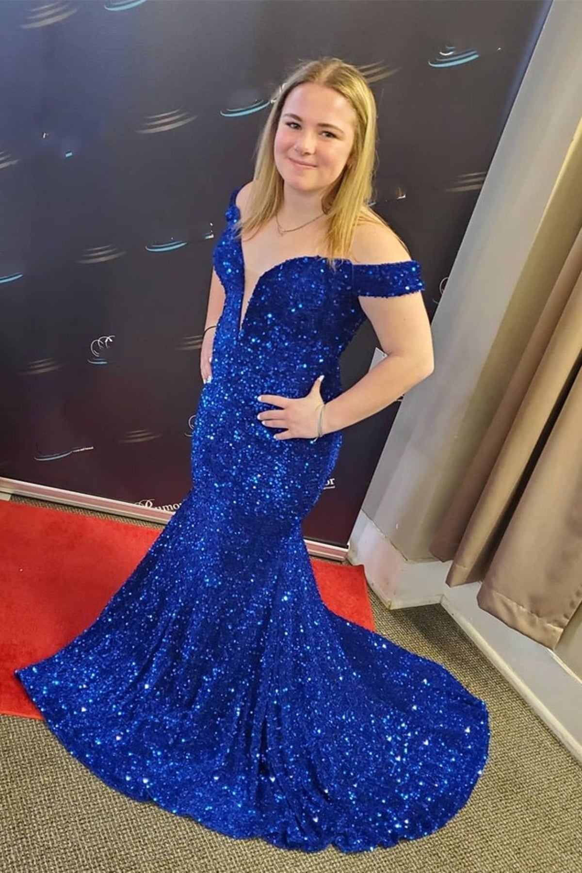 Off Shoulder Mermaid Blue Sequins Long Prom Dresses, Shiny Blue Sequins Formal Dresses, Mermaid Blue Evening Dresses EP1815