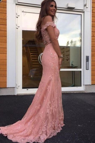 Off Shoulder Pink Lace Long Prom Dresses, Off the Shoulder Pink Formal Dresses, Pink Lace Evening Dresses EP1661
