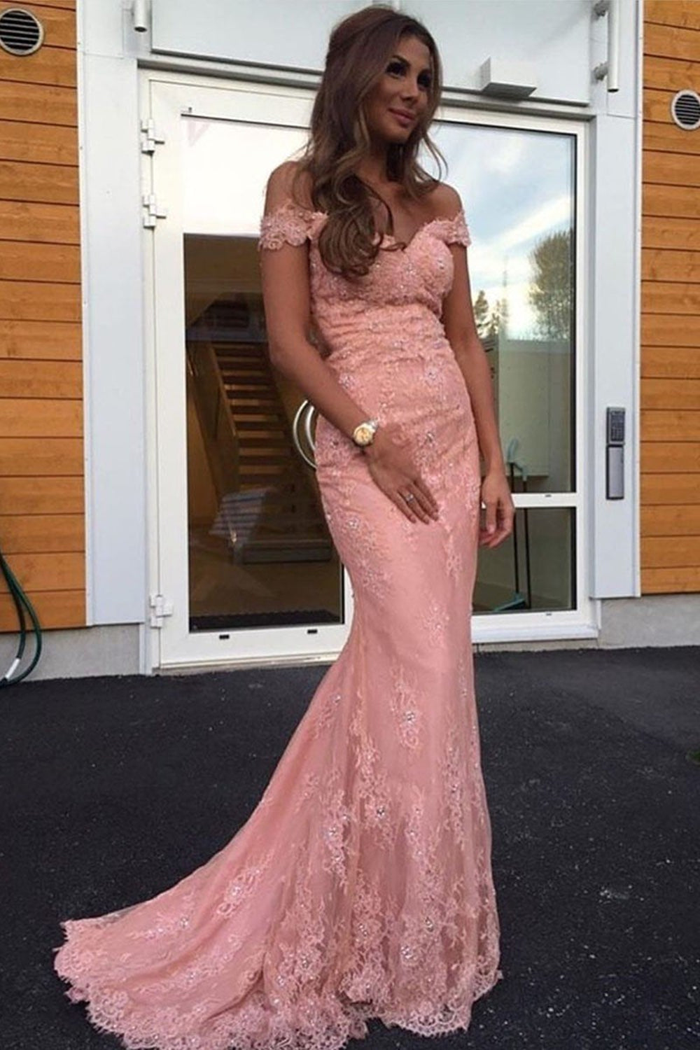 Off Shoulder Pink Lace Long Prom Dresses, Off the Shoulder Pink Formal Dresses, Pink Lace Evening Dresses EP1661