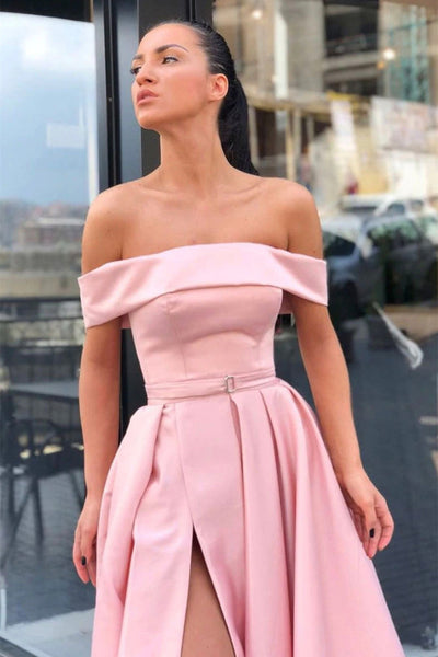 Off Shoulder Pink Satin Long Prom Dresses with High Slit, Off the Shoulder Pink Formal Graduation Evening Dresses EP1865