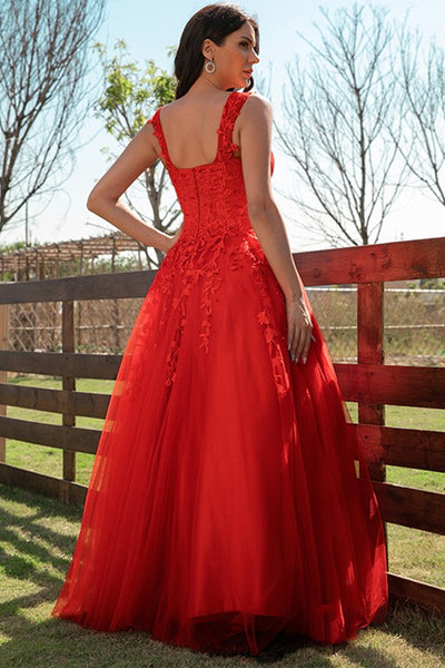 Off Shoulder Red Tulle Lace Long Prom Dresses, Red Lace Formal Dresses, Red Evening Dresses EP1725