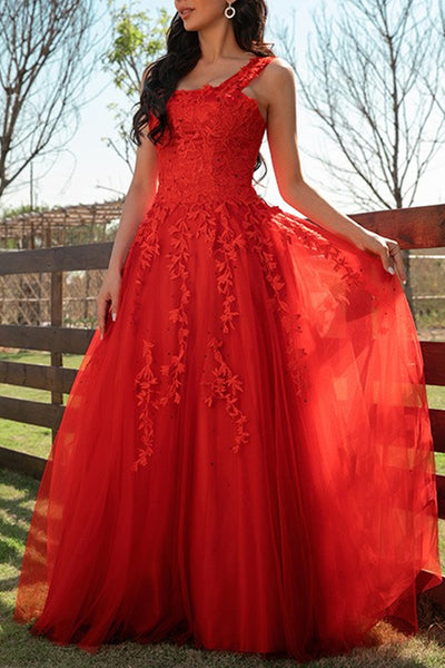 Off Shoulder Red Tulle Lace Long Prom Dresses, Red Lace Formal Dresses, Red Evening Dresses EP1725