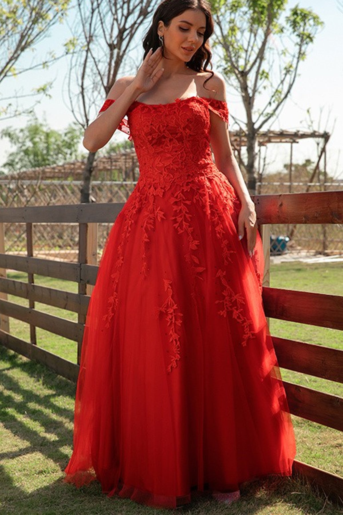 Off Shoulder Red Tulle Lace Long Prom Dresses, Red Lace Formal Dresses, Red Evening Dresses EP1725