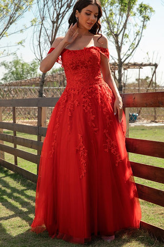Off Shoulder Red Tulle Lace Long Prom Dresses, Red Lace Formal Dresses, Red Evening Dresses EP1725