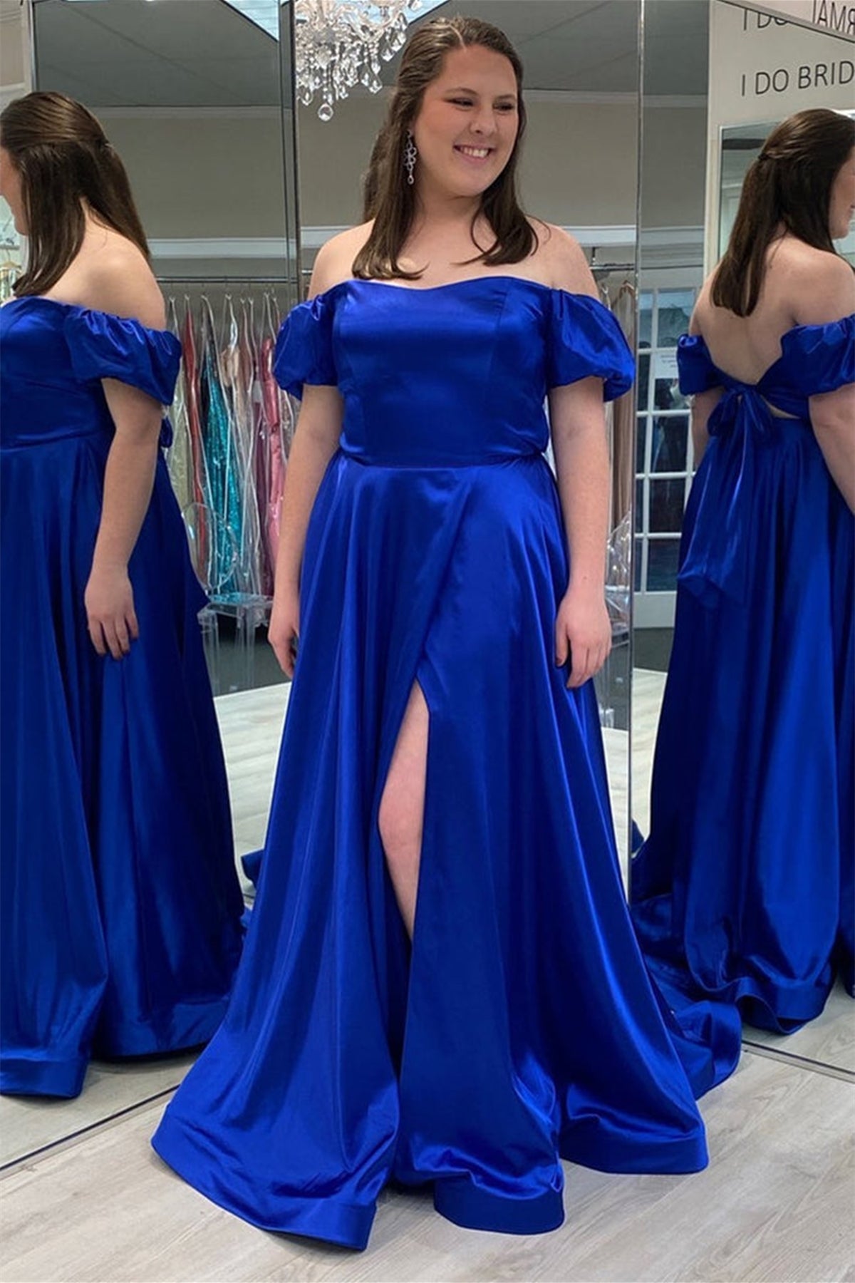 Off Shoulder Royal Blue Satin Long Prom Dresses with High Slit, Long Royal Blue Formal Graduation Evening Dresses EP1840