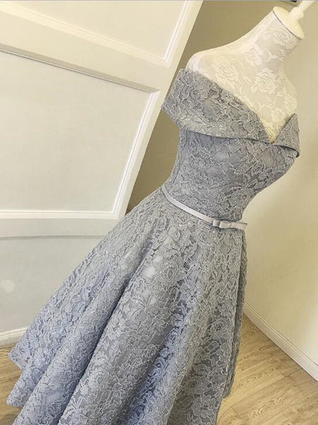 Off Shoulder Tea Length Gray Lace Prom Dresses, Off the Shoulder Gray Homecoming Dresses, Gray Lace Formal Evening Dresses EP1385