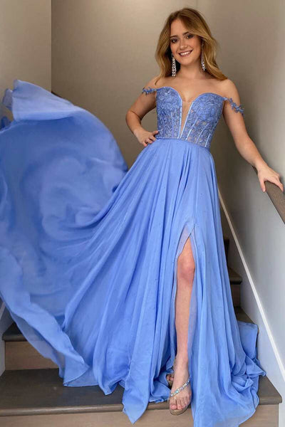 Off Shoulder V Neck Blue Lace Long Prom Dresses with High Slit, Blue Lace Formal Dresses, Blue Chiffon Evening Dresses EP1827
