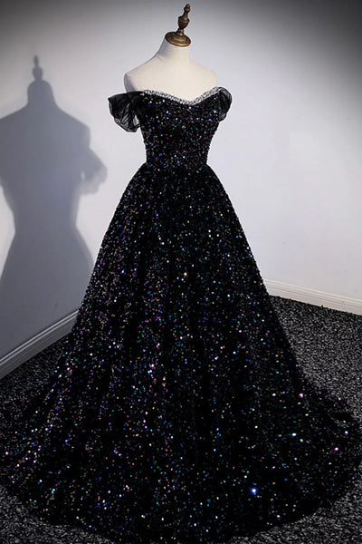 Off the Shoulder Black Sequin Prom Dresses, Black Long Formal Evening Dresses