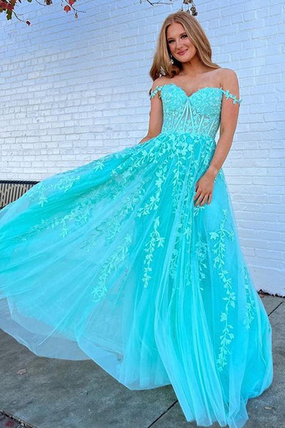 Off the Shoulder Blue Lace Prom Dresses, Off Shoulder Blue Lace Formal Evening Dresses