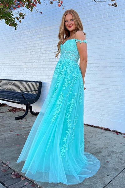 Off the Shoulder Blue Lace Prom Dresses, Off Shoulder Blue Lace Formal Evening Dresses