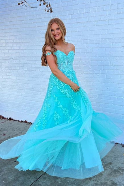 Off the Shoulder Blue Lace Prom Dresses, Off Shoulder Blue Lace Formal Evening Dresses