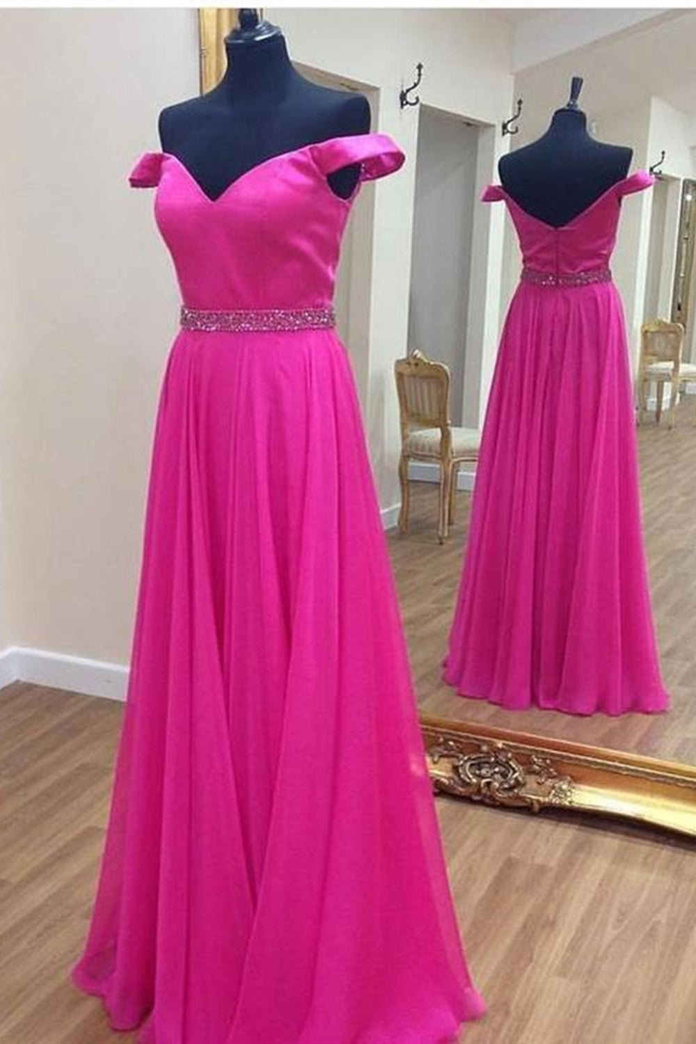 Off the Shoulder Fuchsia Long Prom Dresses with Belt, Off Shoulder Fuchsia Formal Evening Dresses EP1374