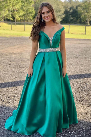 Off the Shoulder Green Satin Long Prom Dresses with Beaded Belt, Off Shoulder Green Formal Graduation Evening Dresses EP1479