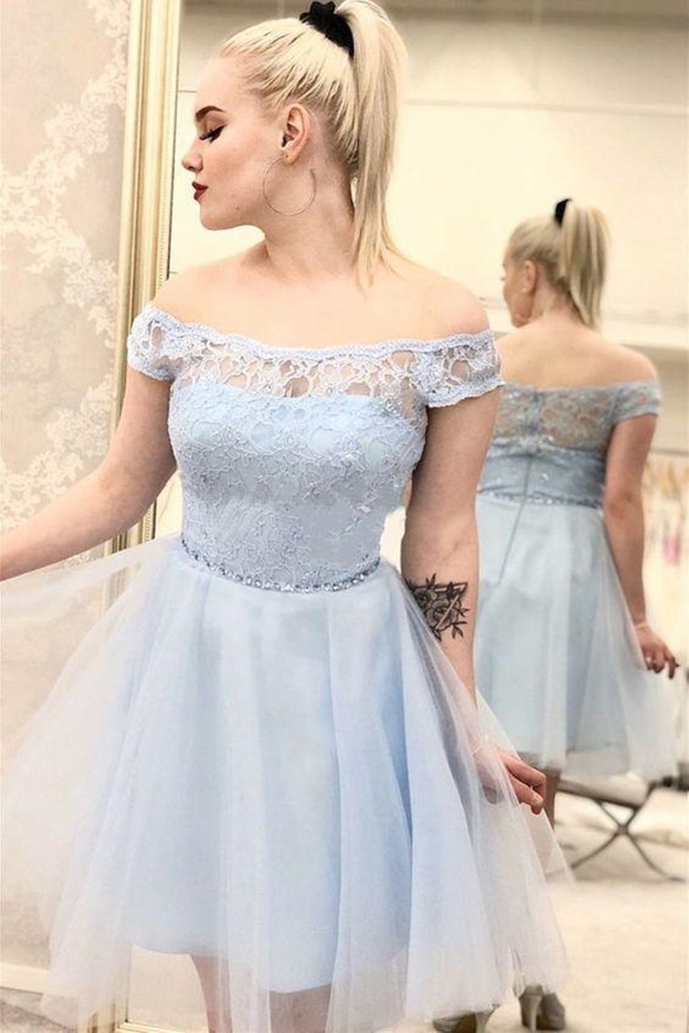 Off the Shoulder Light Blue Lace Short Prom Homecoming Dresses with Belt, Off Shoulder Light Blue Formal Dresses, Blue Lace Evening Dresses EP1541