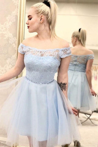 Off the Shoulder Light Blue Lace Short Prom Homecoming Dresses with Belt, Off Shoulder Light Blue Formal Dresses, Blue Lace Evening Dresses EP1541