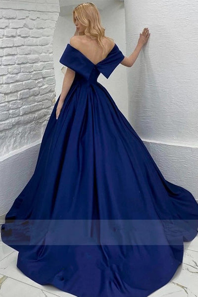 Off the Shoulder Navy Blue Satin Long Prom Gown, Navy Blue Off Shoulder Formal Evening Dresses