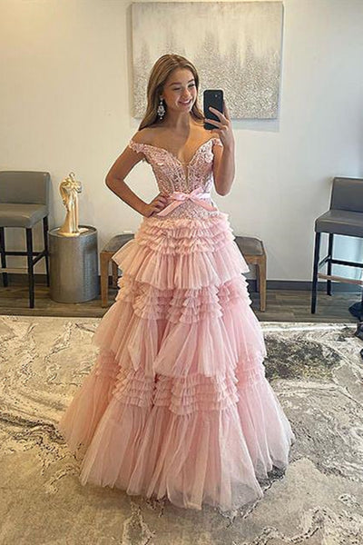 Off the Shoulder Pink Lace Prom Dresses, Off Shoulder Pink Tulle Lace Formal Evening Dresses