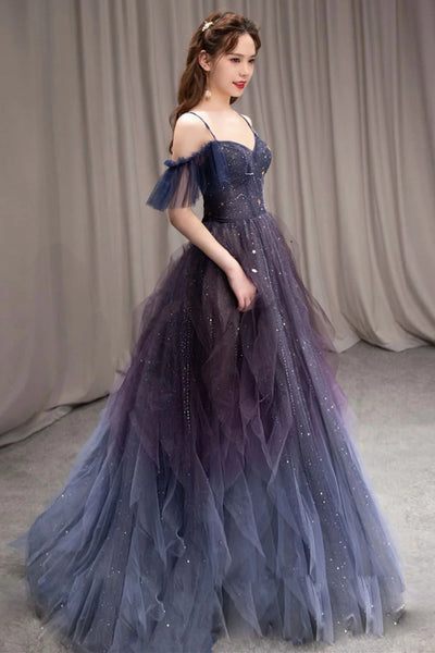 Off the Shoulder Purple Ombre Tulle Long Prom Dresses, Off Shoulder Purple Ombre Tulle Long Formal Evening Dresses