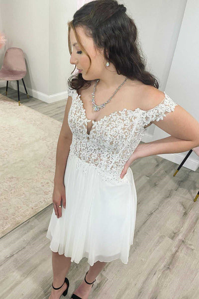 Off the Shoulder Short White Lace Prom Dresses, Short White Lace Formal Homecoming Dresses