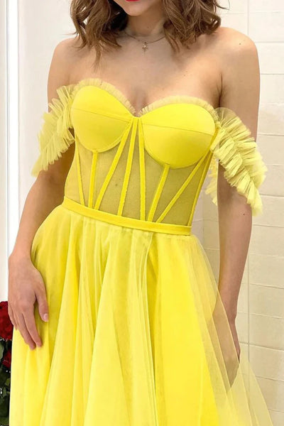 Off the Shoulder Yellow Tulle Long Prom Dresses, Yellow Off Shoulder Long Formal Evening Dresses