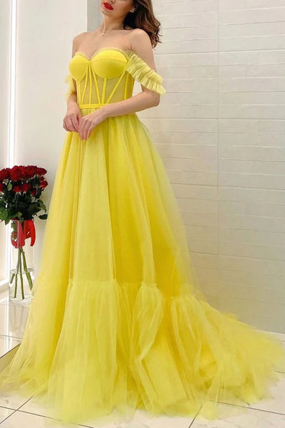 Off the Shoulder Yellow Tulle Long Prom Dresses, Yellow Off Shoulder Long Formal Evening Dresses