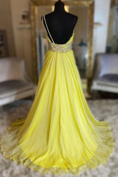 One Shoulder Backless Beaded Yellow Long Prom Dresses with Slit, Backless Yellow Formal Evening Dresses