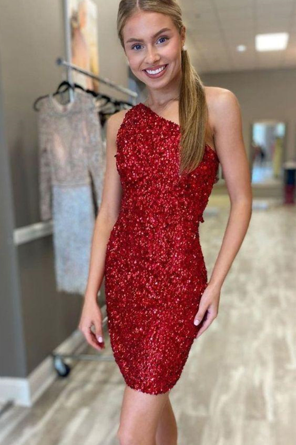 One Shoulder Burgundy Sequins Short Prom Dresses, Burgundy Sequins Homecoming Dresses, Shiny Burgundy Formal Evening Dresses EP1573
