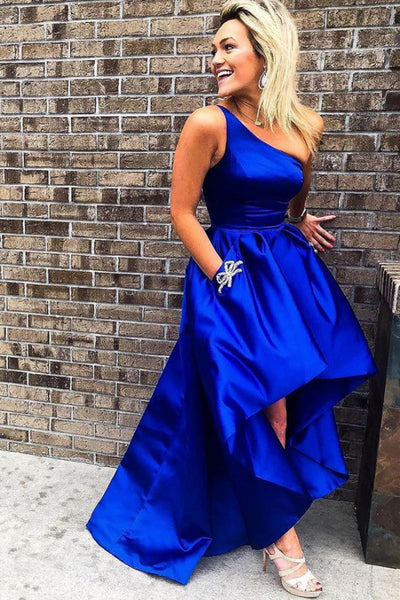 One Shoulder High Low Royal Blue Satin Prom Dresses, High Low Royal Blue Formal Graduation Evening Dresses EP1639
