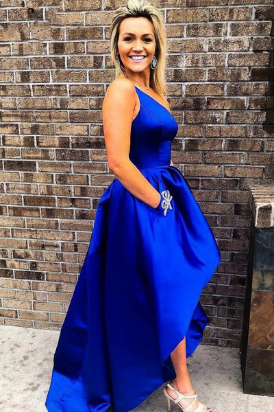 One Shoulder High Low Royal Blue Satin Prom Dresses, High Low Royal Blue Formal Graduation Evening Dresses EP1639