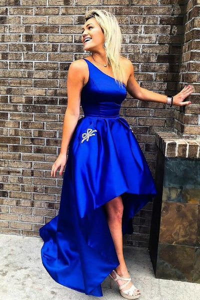 One Shoulder High Low Royal Blue Satin Prom Dresses, High Low Royal Blue Formal Graduation Evening Dresses EP1639