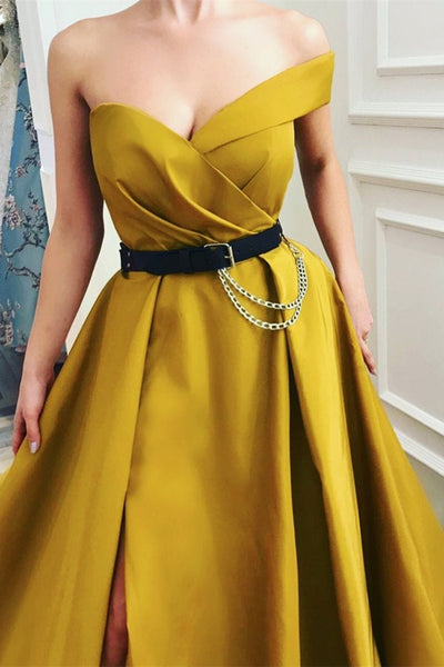 One Shoulder High Slit Yellow Satin Long Prom Dresses, One Shoulder Yellow Formal Dresses, Yellow Evening Dresses EP1671