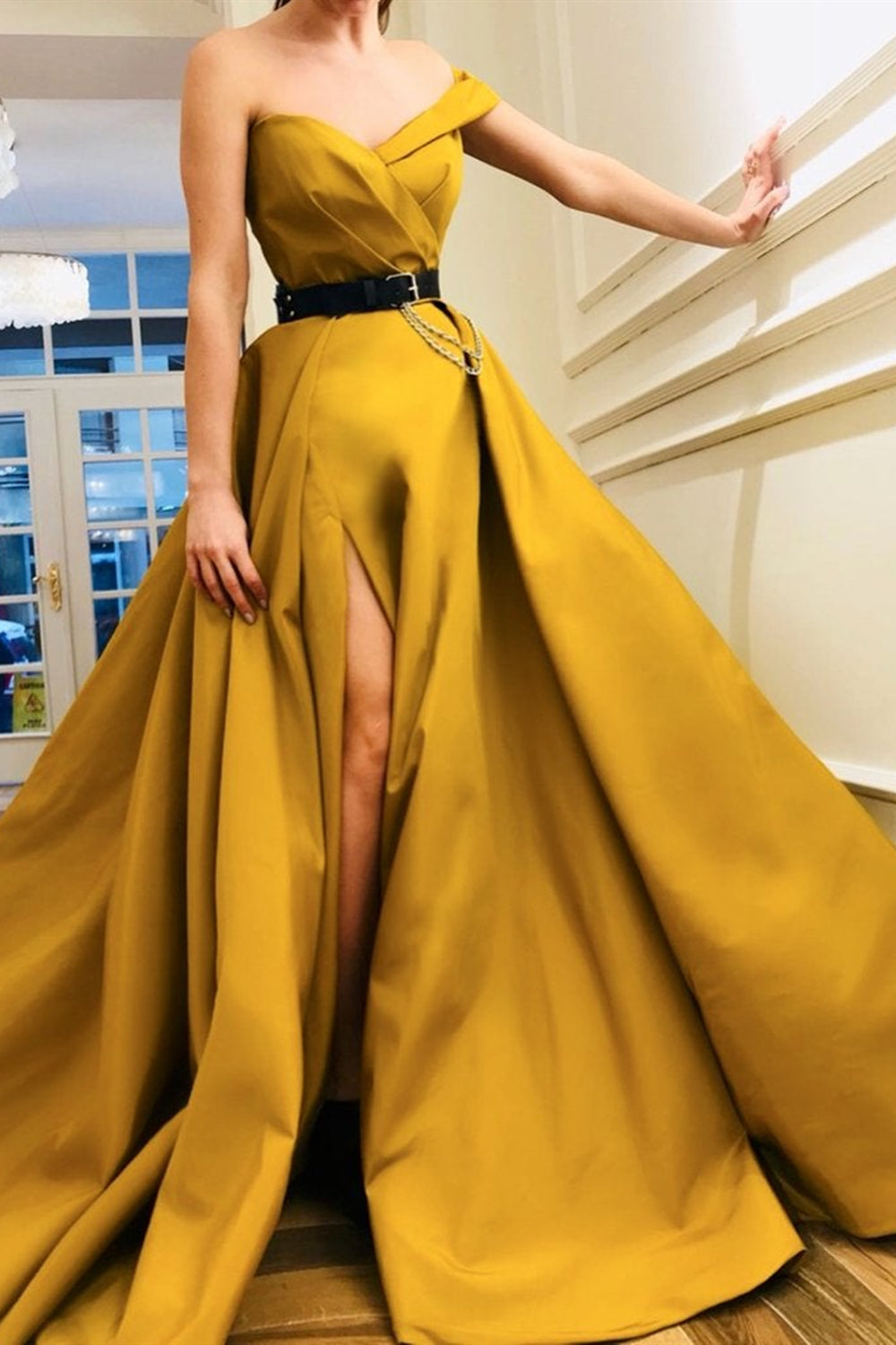 One Shoulder High Slit Yellow Satin Long Prom Dresses, One Shoulder Yellow Formal Dresses, Yellow Evening Dresses EP1671