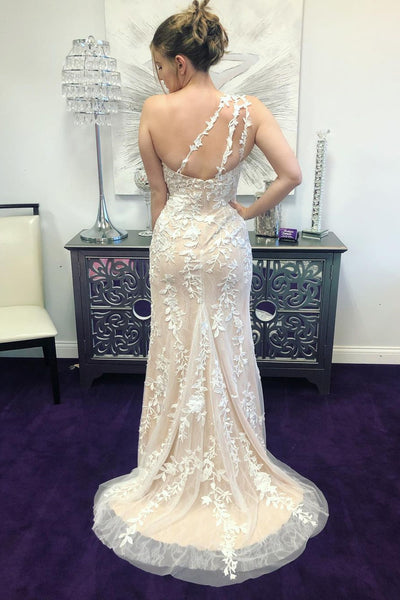 One Shoulder Mermaid Backless Champagne Lace Long Prom Dresses with High Slit, Mermaid Champagne Formal Dresses, Champagne Lace Evening Dresses EP1588