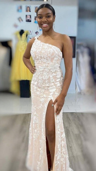 One Shoulder Mermaid Backless Champagne Lace Long Prom Dresses with High Slit, Mermaid Champagne Formal Dresses, Champagne Lace Evening Dresses EP1588