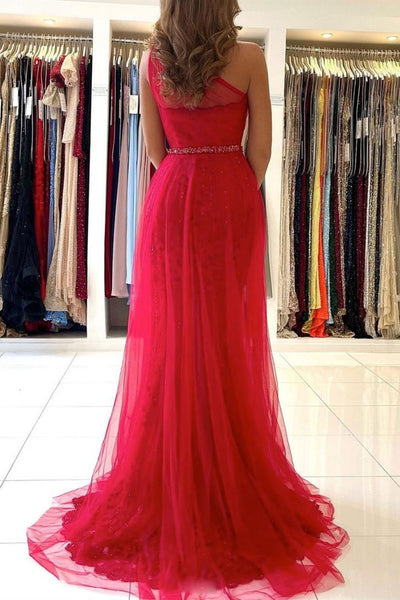 One Shoulder Mermaid Red Lace Prom Dresses with Slit, Mermaid Red Formal Dresses, Red Lace Evening Dresses EP1442