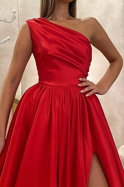 One Shoulder Red Satin Long Prom Dresses with High Slit, One Shoulder Red Formal Dresses, Red Evening Dresses EP1819