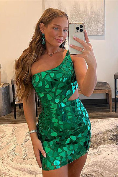 One Shoulder Short Green Prom Dresses, Green One Shoulder Short Formal Homecoming Dresses