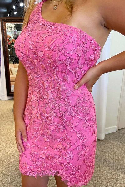 One Shoulder Short Pink Lace Prom Dresses, Short Pink Lace Graduation Homecoming Dresses