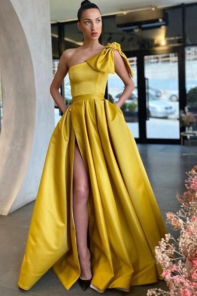 One Shoulder Yellow Satin Long Prom Dresses with High Slit, One Shoulder Yellow Formal Graduation Evening Dresses EP1655