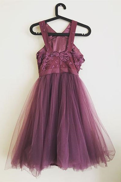 Open Back Dark Purple Lace Short Prom Dresses, Dark Purple Lace Homecoming Dresses, Dark Purple Formal Evening Dresses EP1561