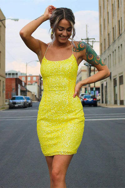 Open Back Short Yellow Prom Dresses, Short Yellow Backless Formal Homecoming Dresses