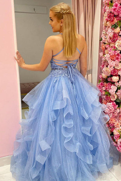 Open Back V Neck Light Blue Lace Long Prom Dresses, Light Blue Lace Formal Evening Dresses, Blue Tulle Ball Gown EP1760