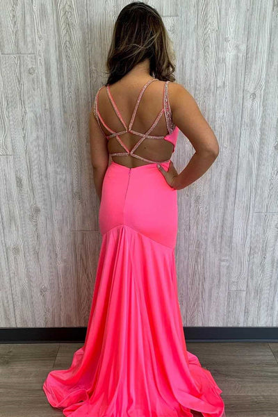 Open Back V Neck Mermaid Hot Pink Long Prom Dresses, Backless Hot Pink Formal Graduation Evening Dresses EP1878