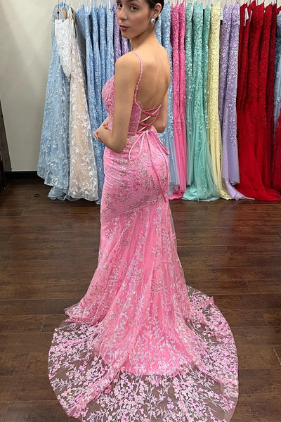 Pink Mermaid Lace Prom Dresses, Pink Mermaid Lace Formal Evening Dresses